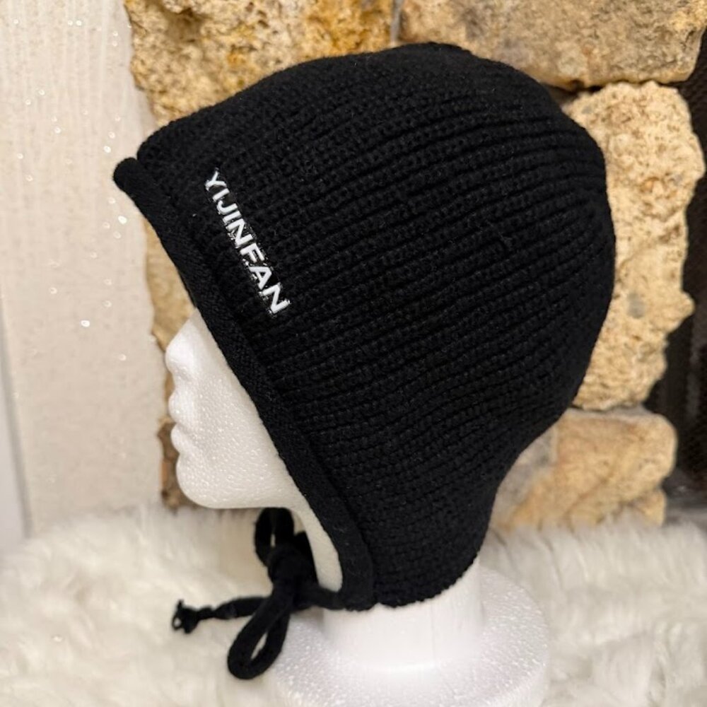 New Black Knit Winter Bonnet Hat With Ties